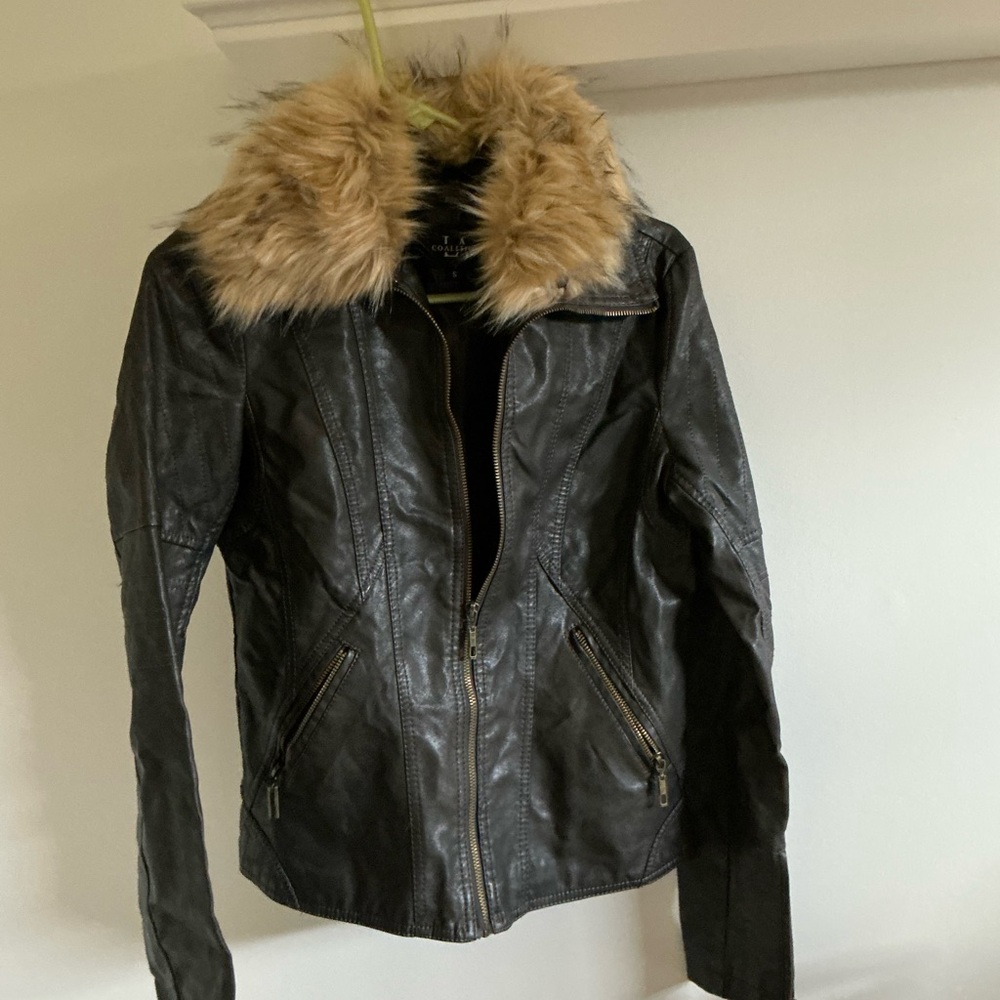 Women's Black Leather Jacket with Faux Fur Collar